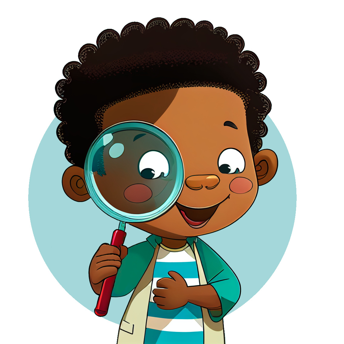 cartoon of a boy looking through a magnifying glass